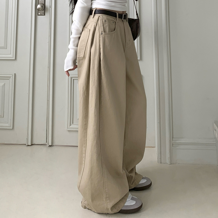 틴즈 사이드 핀턱 밑단 스냅버튼 조거 와이드 팬츠 베이지