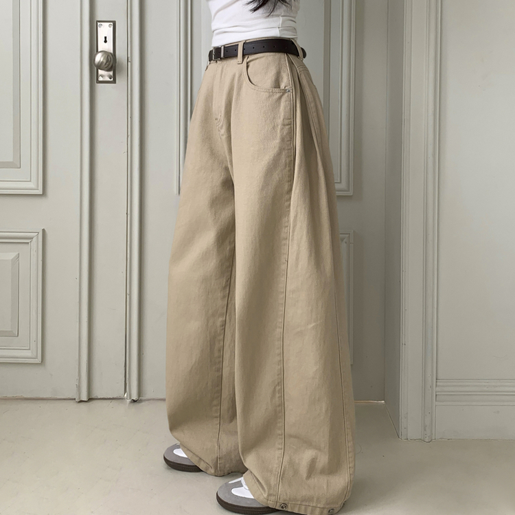 틴즈 사이드 핀턱 밑단 스냅버튼 조거 와이드 팬츠 베이지