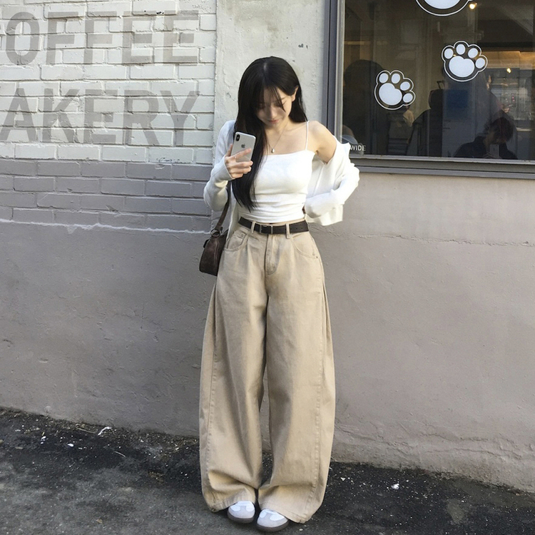 틴즈 사이드 핀턱 밑단 스냅버튼 조거 와이드 팬츠 베이지
