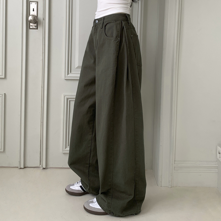 틴즈 사이드 핀턱 밑단 스냅버튼 조거 와이드 팬츠 카키