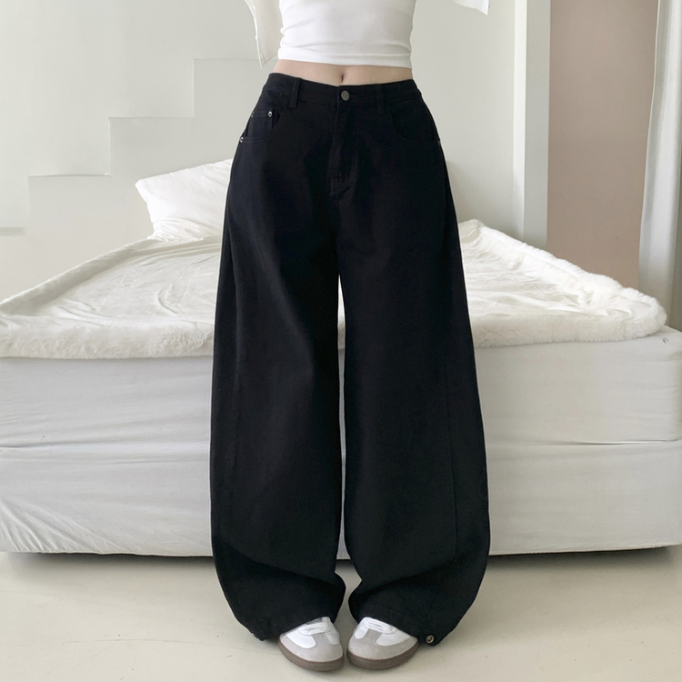 틴즈 사이드 핀턱 밑단 스냅버튼 조거 와이드 팬츠 블랙