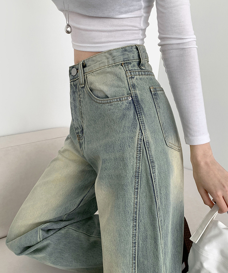 XL절개 V라인 워싱 빈티지 와이드 벌룬 데님팬츠 연청