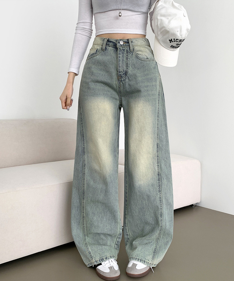 XL절개 V라인 워싱 빈티지 와이드 벌룬 데님팬츠 연청