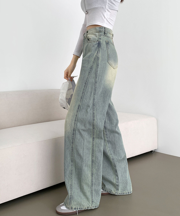 XL절개 V라인 워싱 빈티지 와이드 벌룬 데님팬츠 연청