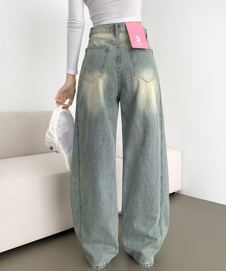 XL절개 V라인 워싱 빈티지 와이드 벌룬 데님팬츠 연청