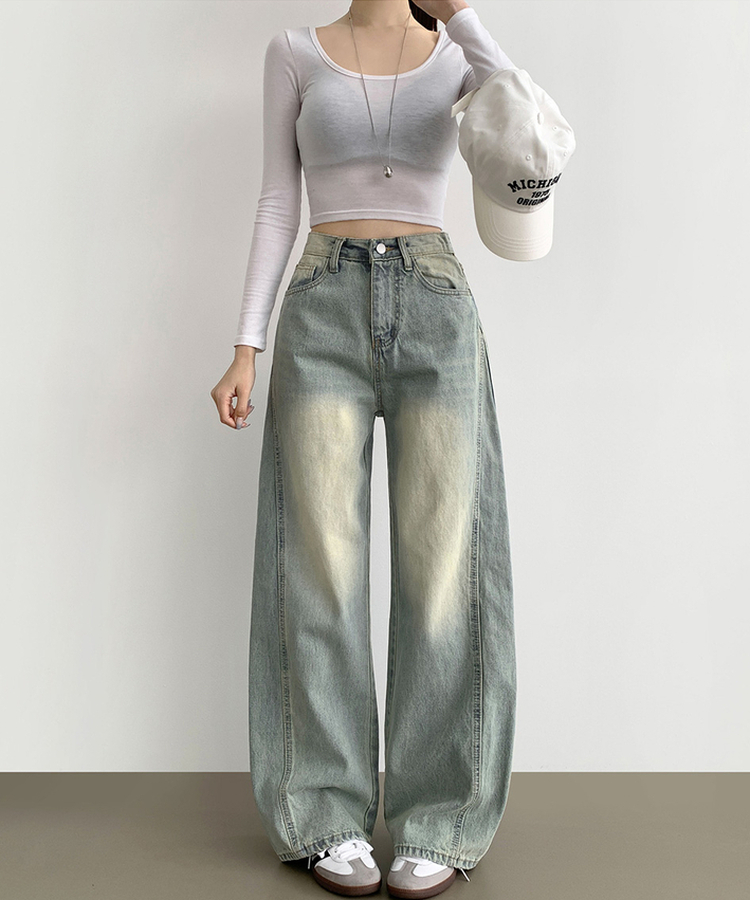 XL절개 V라인 워싱 빈티지 와이드 벌룬 데님팬츠 연청
