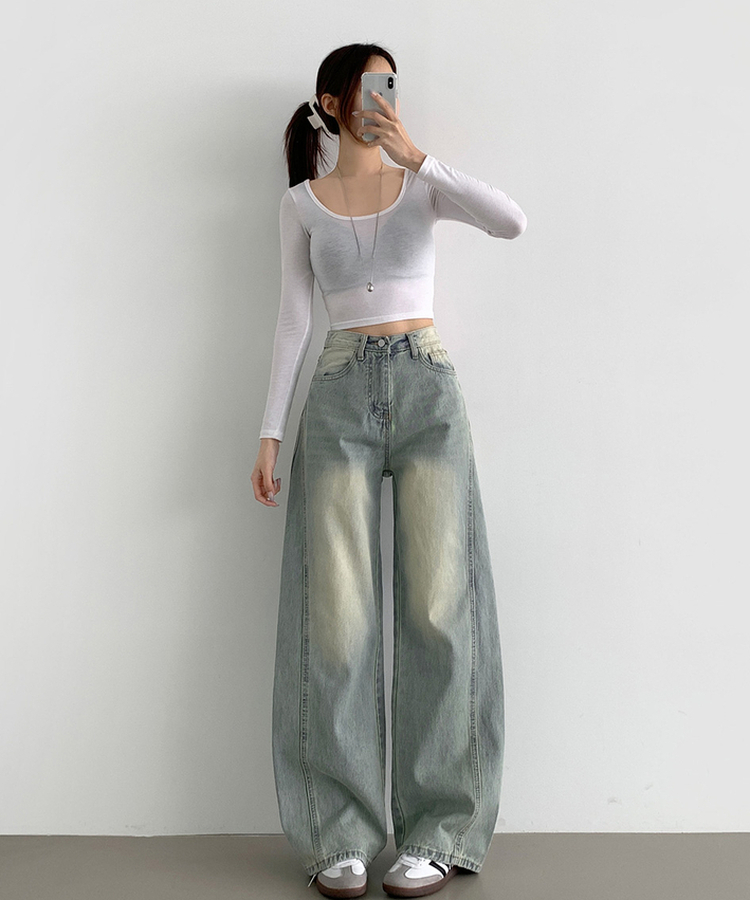 XL절개 V라인 워싱 빈티지 와이드 벌룬 데님팬츠 중청