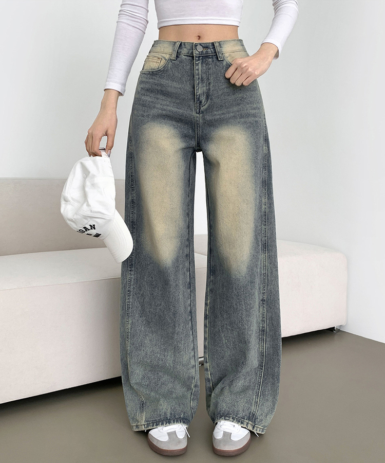 XL절개 V라인 워싱 빈티지 와이드 벌룬 데님팬츠 중청