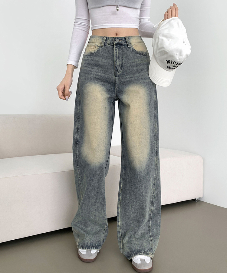 XL절개 V라인 워싱 빈티지 와이드 벌룬 데님팬츠 중청