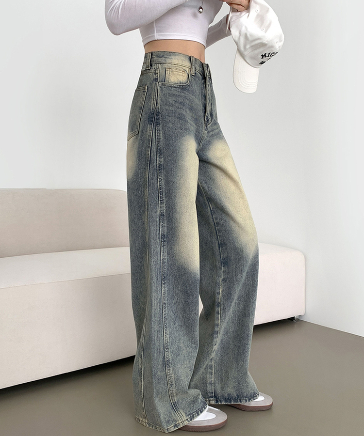XL절개 V라인 워싱 빈티지 와이드 벌룬 데님팬츠 중청