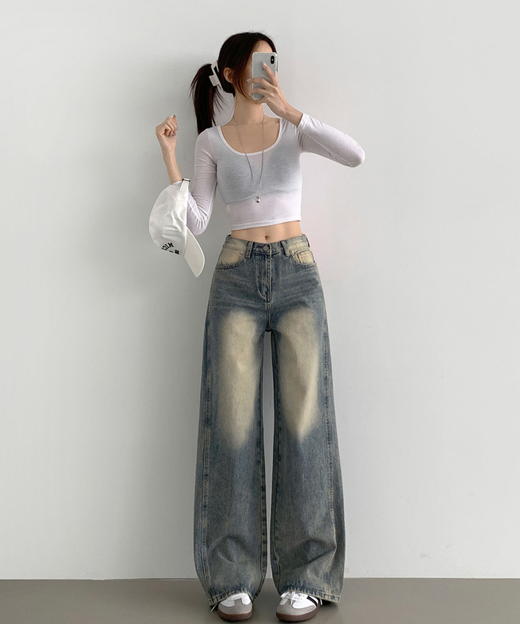 XL절개 V라인 워싱 빈티지 와이드 벌룬 데님팬츠 중청