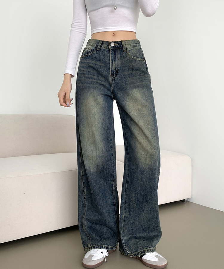 XL절개 V라인 워싱 빈티지 와이드 벌룬 데님팬츠 진청