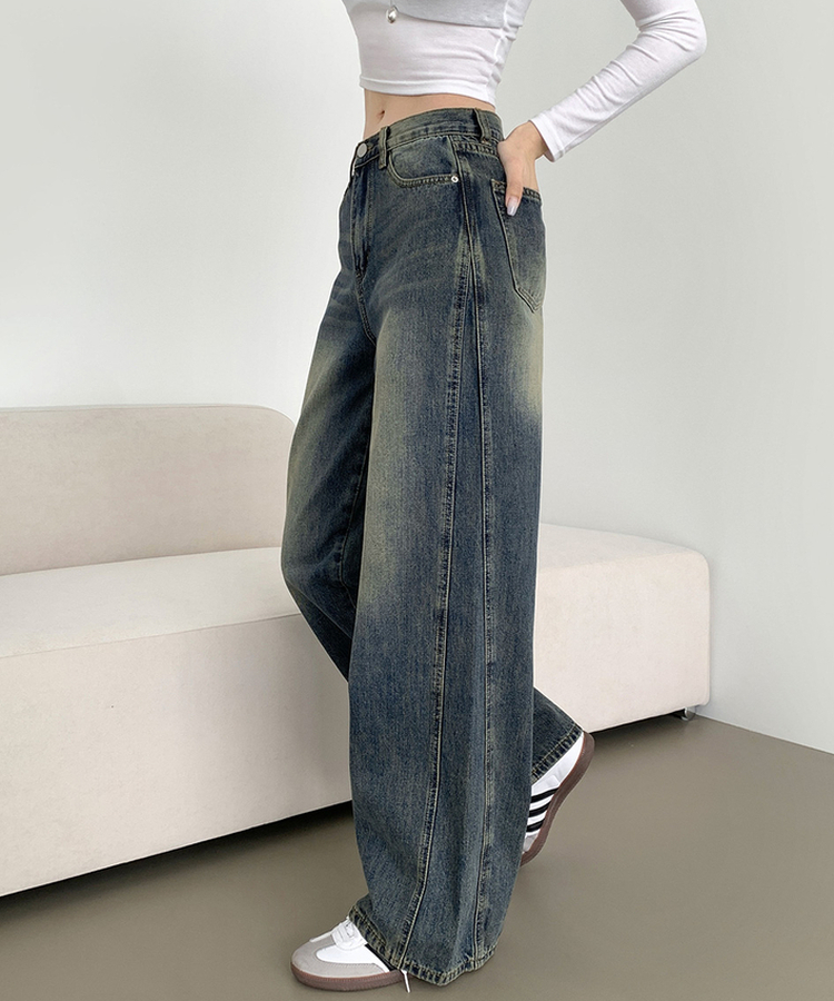 XL절개 V라인 워싱 빈티지 와이드 벌룬 데님팬츠 진청