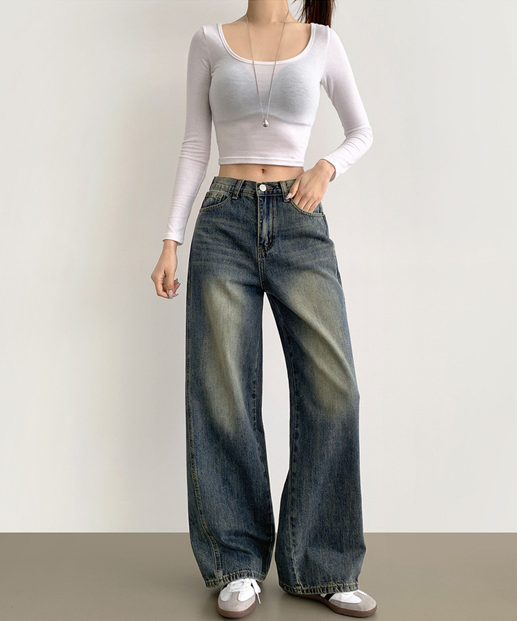 XL절개 V라인 워싱 빈티지 와이드 벌룬 데님팬츠 진청