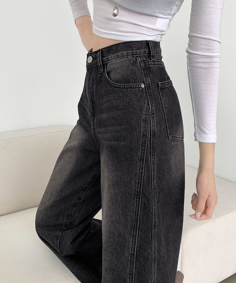 XL절개 V라인 워싱 빈티지 와이드 벌룬 데님팬츠 흑청