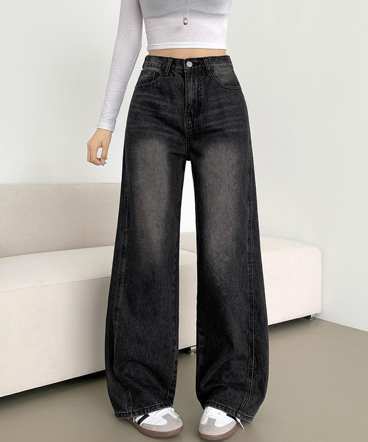 XL절개 V라인 워싱 빈티지 와이드 벌룬 데님팬츠 흑청