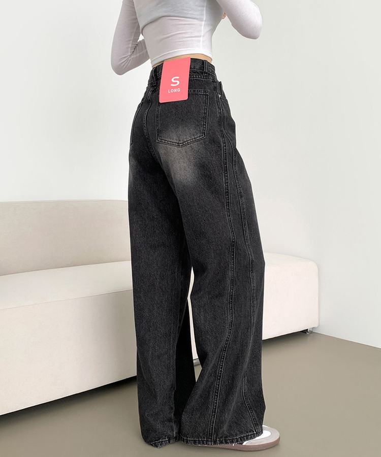 XL절개 V라인 워싱 빈티지 와이드 벌룬 데님팬츠 흑청