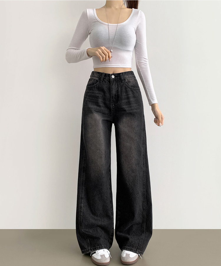 XL절개 V라인 워싱 빈티지 와이드 벌룬 데님팬츠 흑청