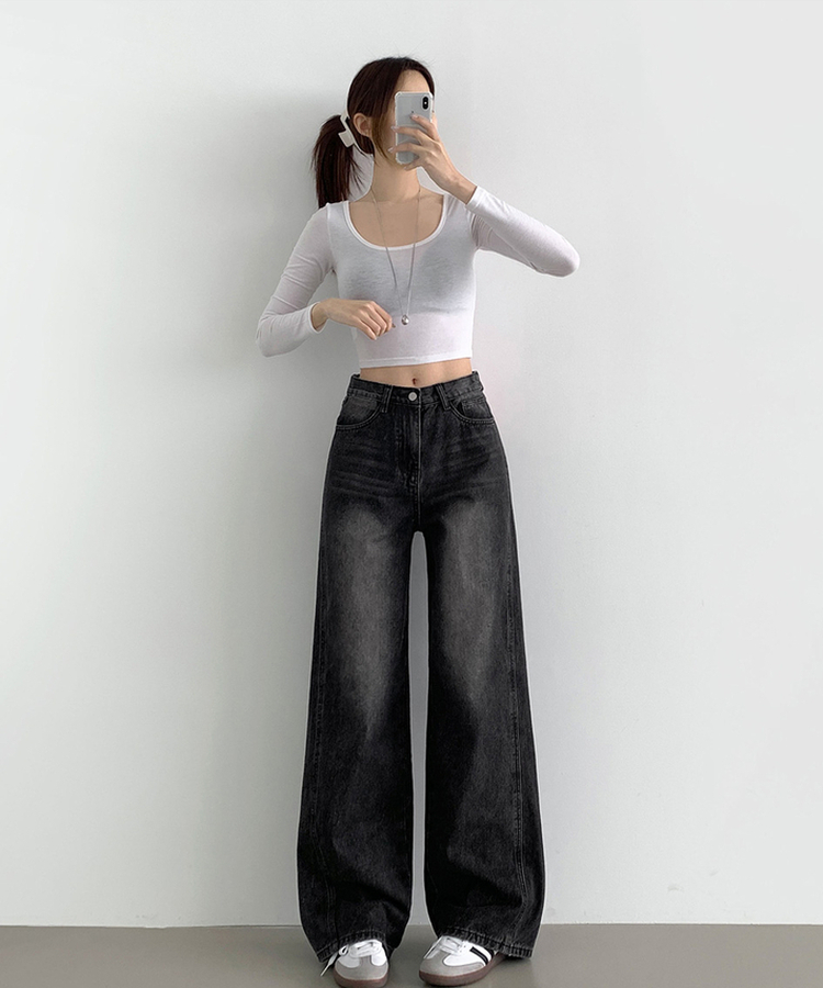 XL절개 V라인 워싱 빈티지 와이드 벌룬 데님팬츠 흑청