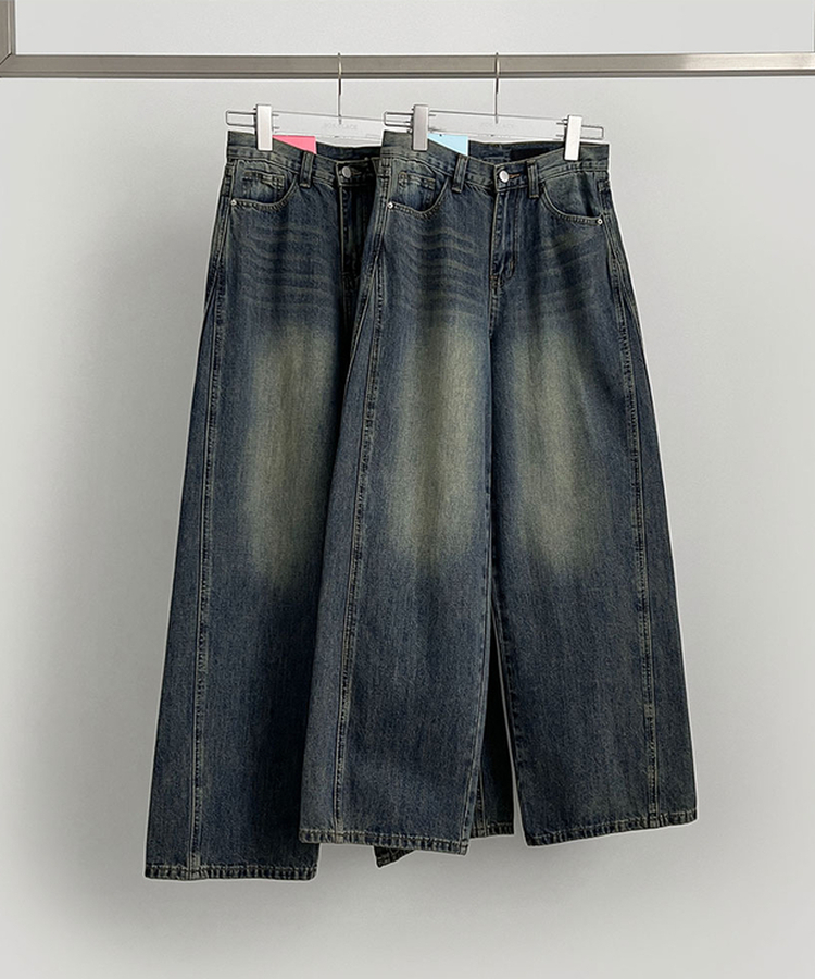 XL절개 V라인 워싱 빈티지 와이드 벌룬 데님팬츠