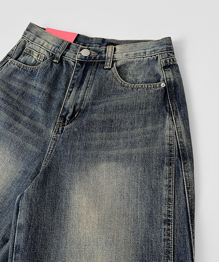 XL절개 V라인 워싱 빈티지 와이드 벌룬 데님팬츠