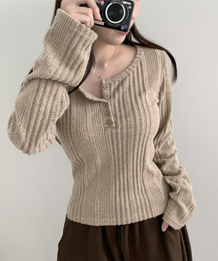 オープンボタンニット長袖Tシャツ BEIGE