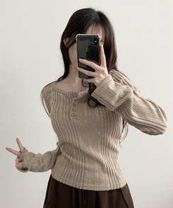 オープンボタンニット長袖Tシャツ BEIGE
