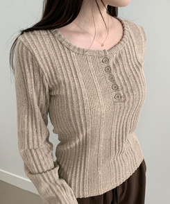 オープンボタンニット長袖Tシャツ BEIGE
