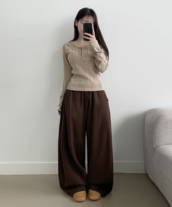 オープンボタンニット長袖Tシャツ BEIGE