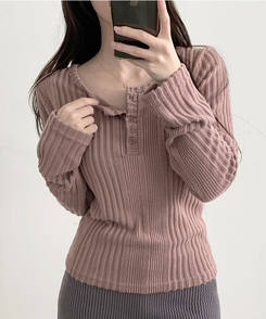 オープンボタンニット長袖Tシャツ PINK