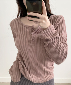 オープンボタンニット長袖Tシャツ PINK