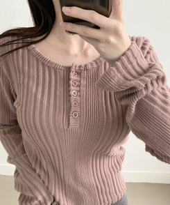 オープンボタンニット長袖Tシャツ PINK