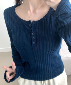 オープンボタンニット長袖Tシャツ NAVY