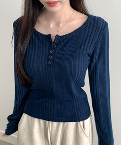 オープンボタンニット長袖Tシャツ NAVY