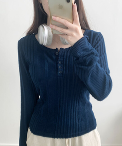 オープンボタンニット長袖Tシャツ NAVY