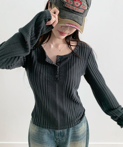 オープンボタンニット長袖Tシャツ GRAY