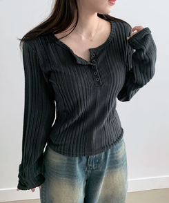 オープンボタンニット長袖Tシャツ GRAY