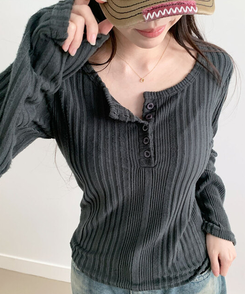 オープンボタンニット長袖Tシャツ GRAY