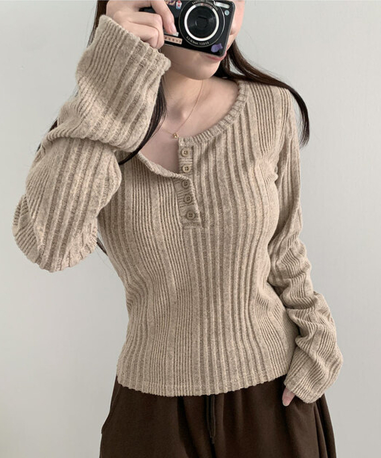 オープンボタンニット長袖Tシャツ BEIGE
