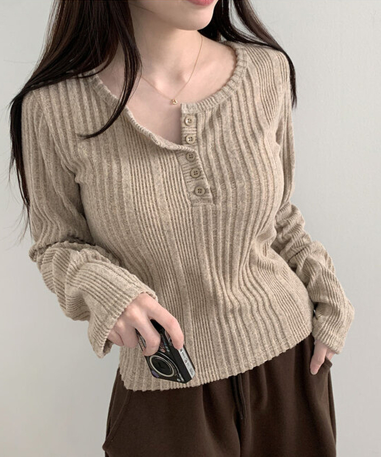オープンボタンニット長袖Tシャツ BEIGE