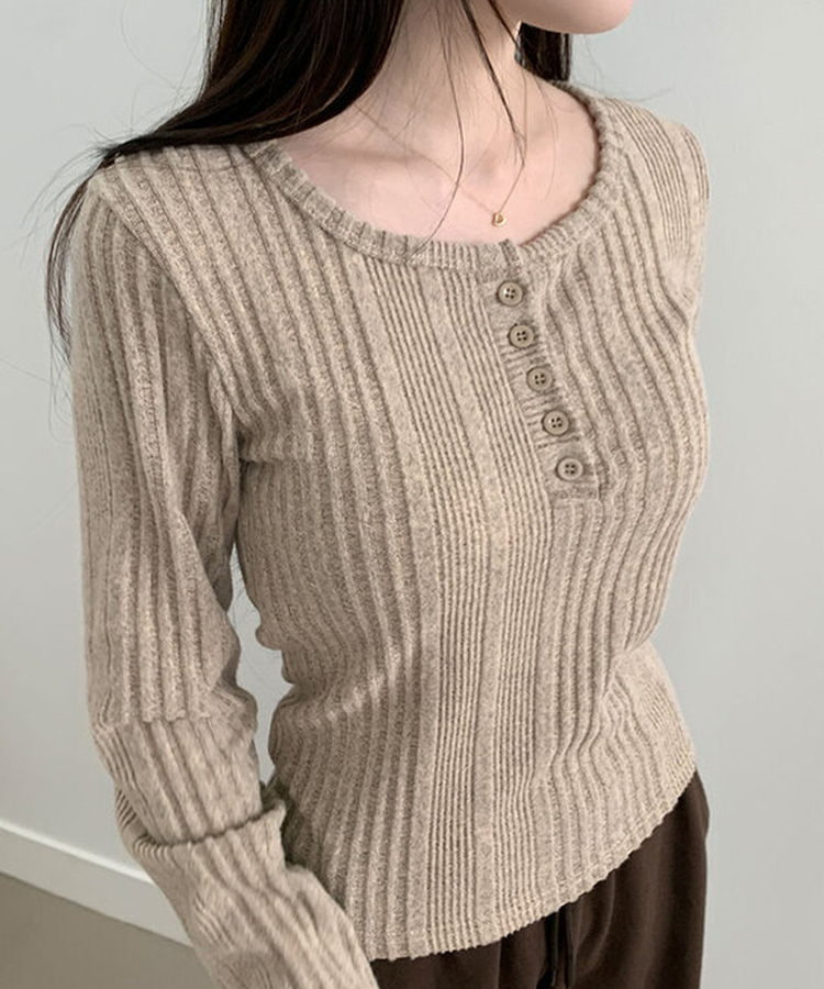 オープンボタンニット長袖Tシャツ BEIGE