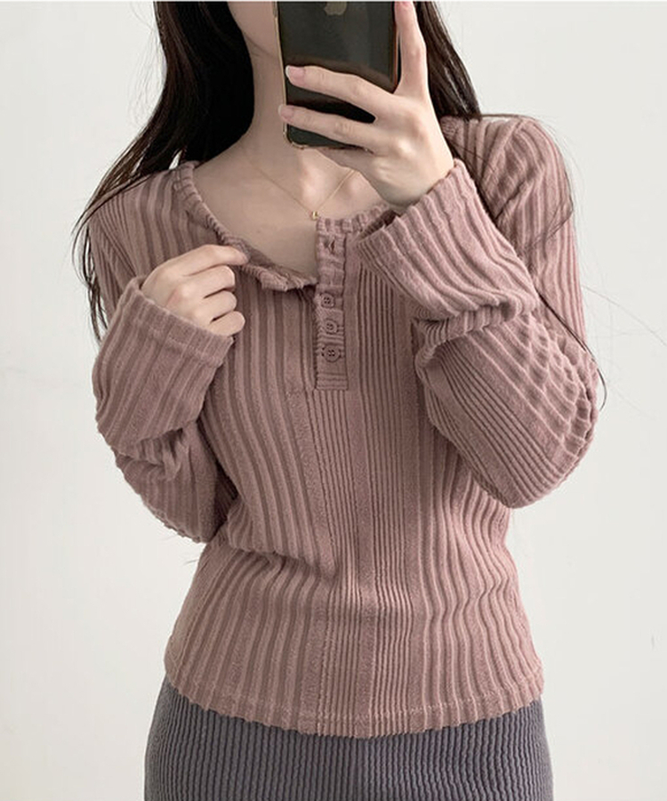 オープンボタンニット長袖Tシャツ PINK