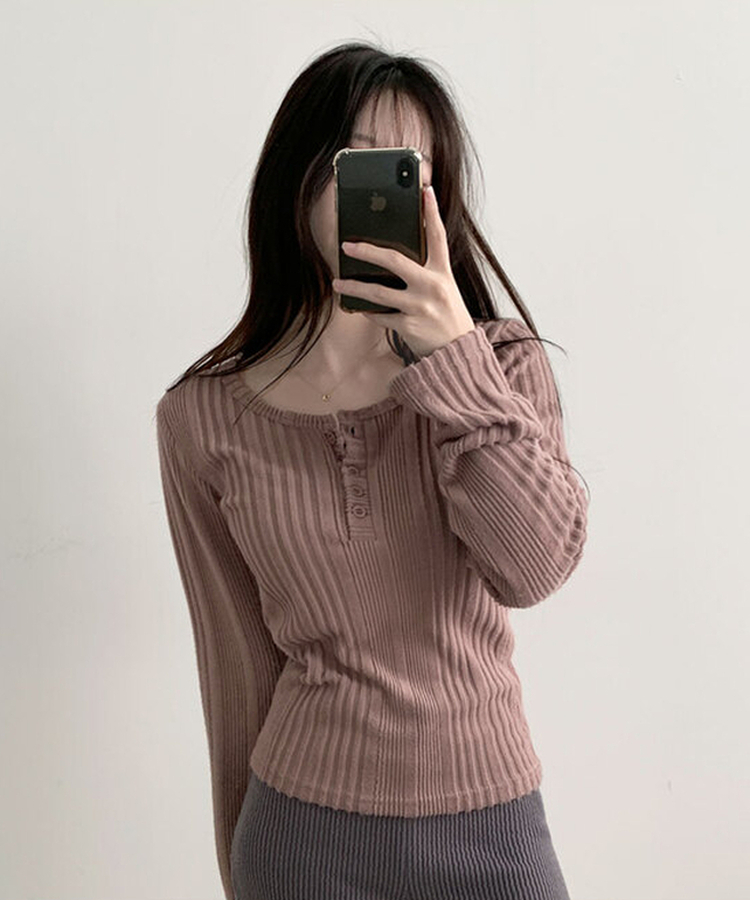 オープンボタンニット長袖Tシャツ PINK