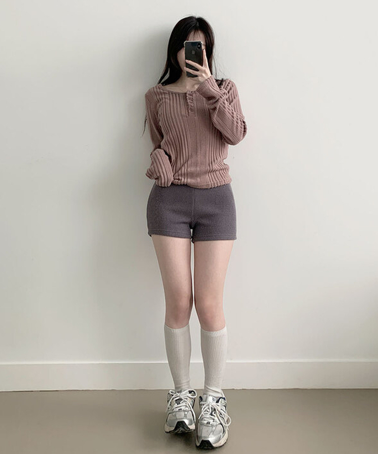 オープンボタンニット長袖Tシャツ PINK