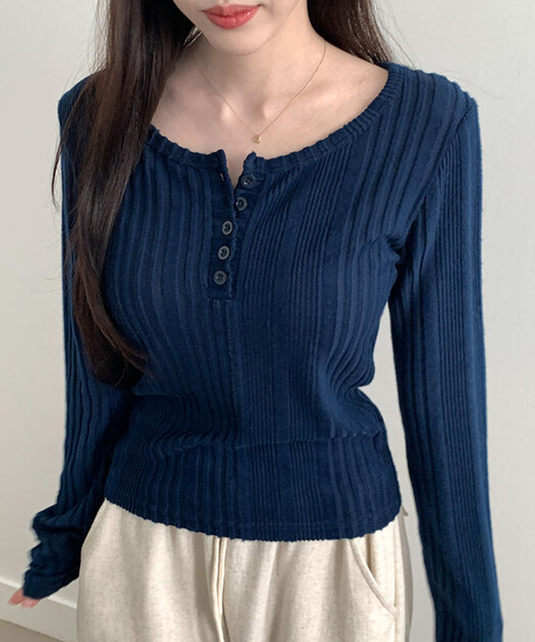 オープンボタンニット長袖Tシャツ NAVY