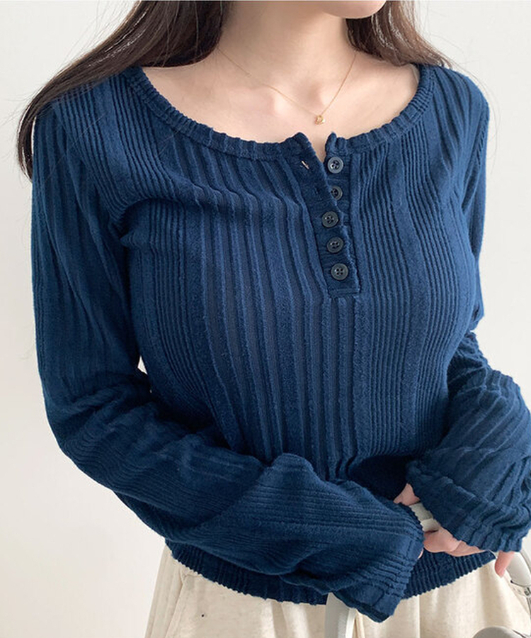 オープンボタンニット長袖Tシャツ NAVY