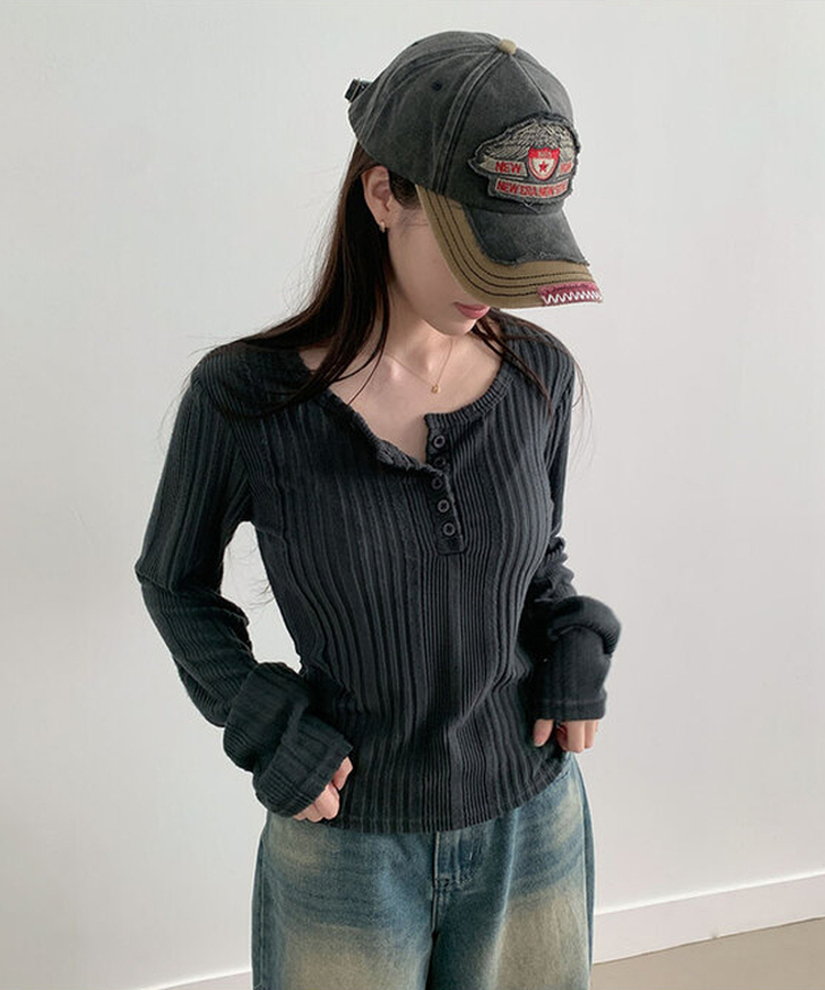 オープンボタンニット長袖Tシャツ GRAY