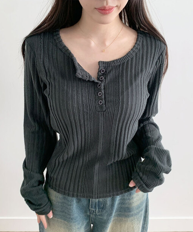 オープンボタンニット長袖Tシャツ GRAY