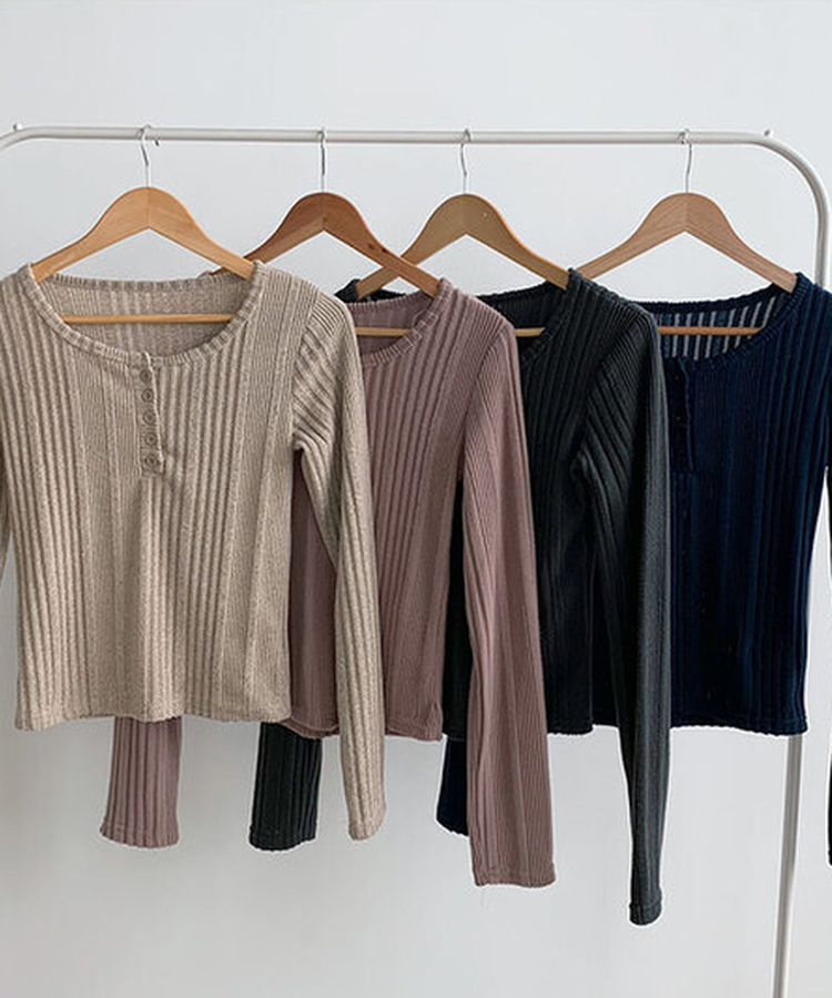 オープンボタンニット長袖Tシャツ