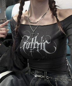 長袖Tシャツ レタリングオフTシャツ CHARCOAL